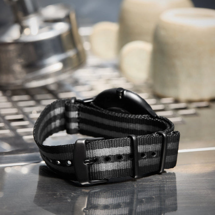 Seat Belt Nylon Military Style Watch Band - Black and Gray, Black Hardware