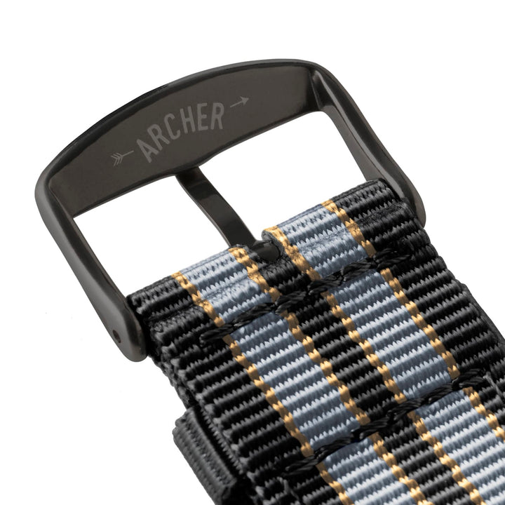 Apple Watch Nylon Watch Band in Black, Gray, Gold/Black – buckle and logo detail