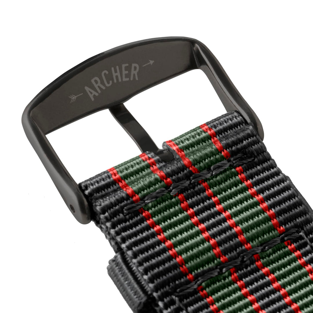 Apple Watch Nylon Watch Band in Black, Red, Green/Black – buckle and logo detail