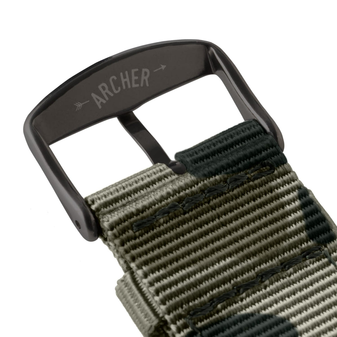 Apple Watch Nylon Watch Band in Green Camo/Black – buckle and logo detail