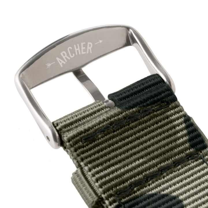 Apple Watch Nylon Watch Band in Green Camo/Stainless – buckle and logo detail