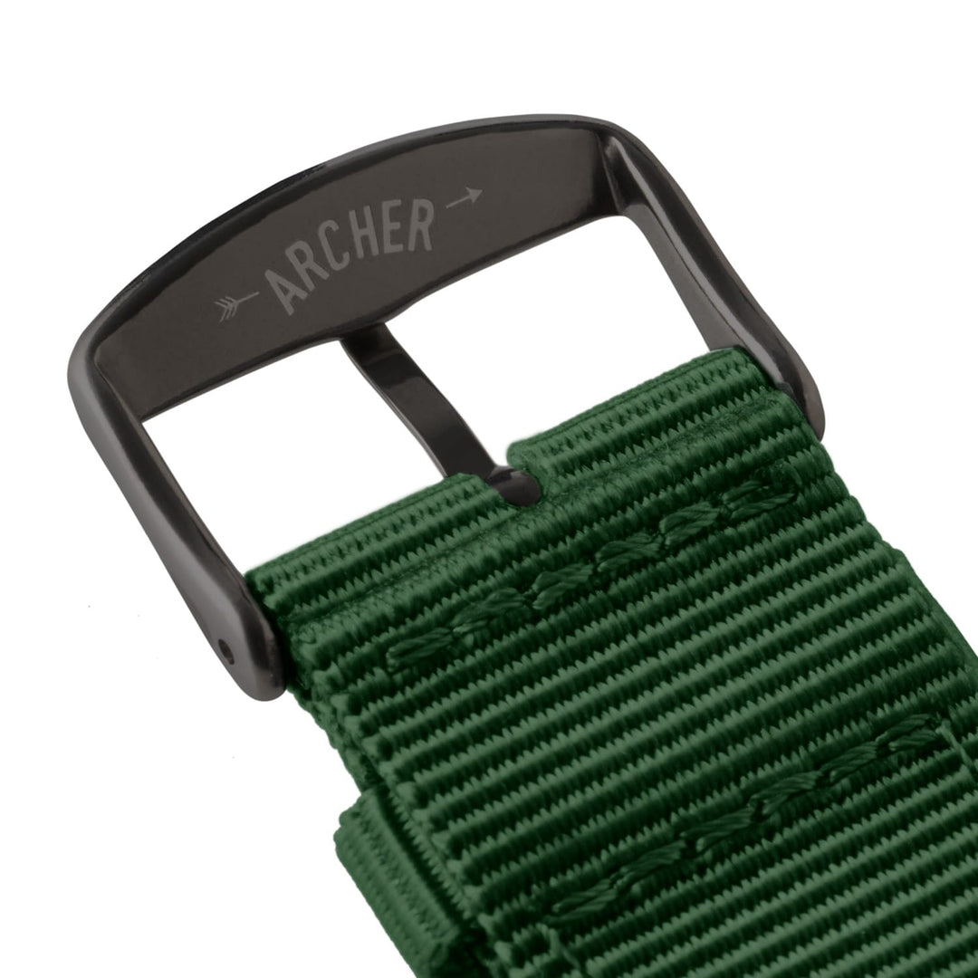 Apple Watch Nylon Watch Band in Forest Green/Black – buckle and logo detail