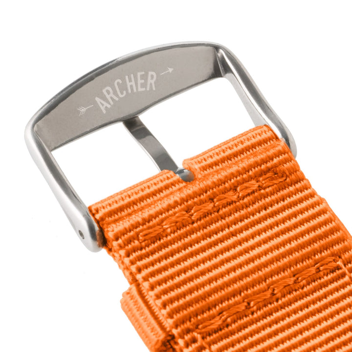 Apple Watch Nylon Watch Band in Orange/Stainless – buckle and logo detail