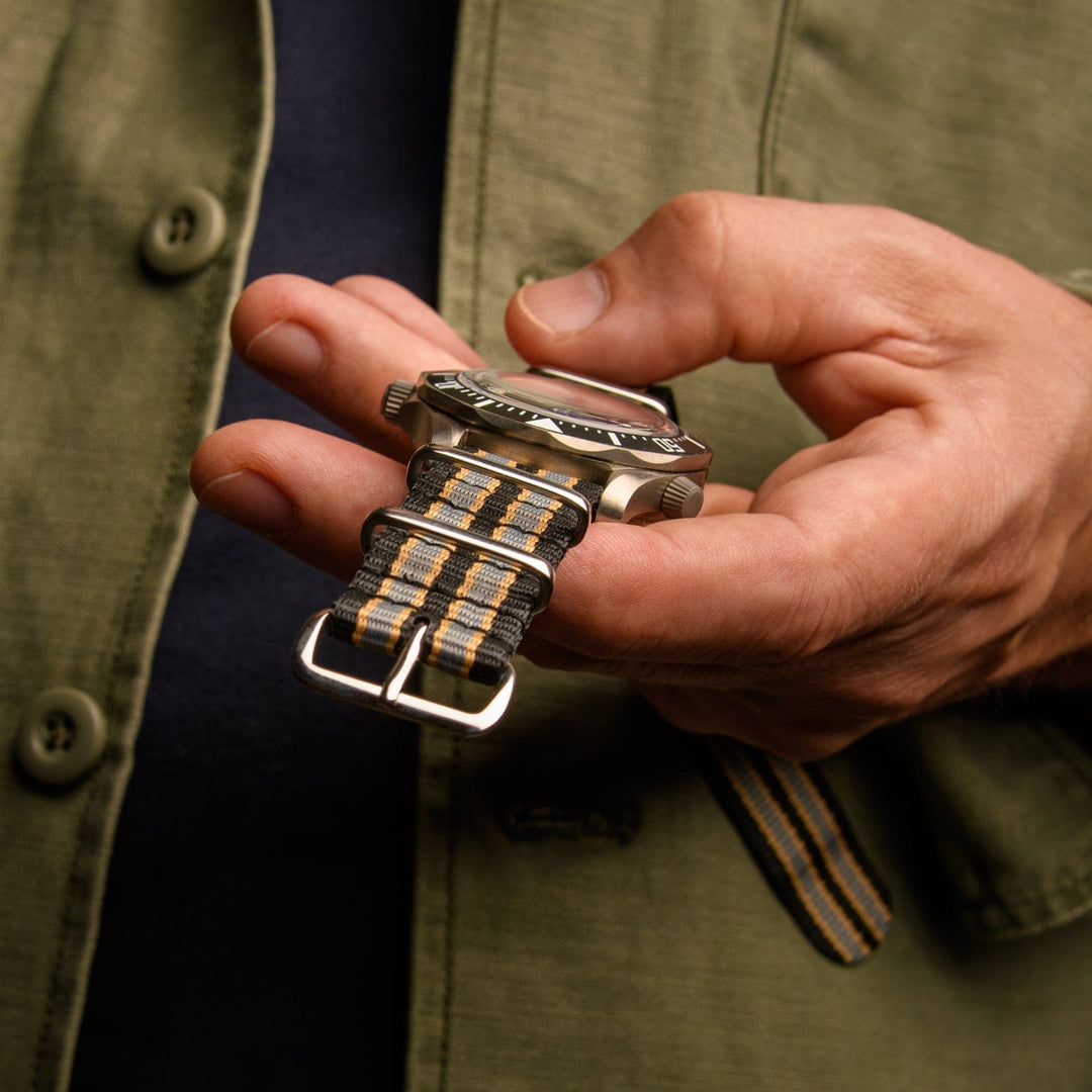 Classic Military Style Nylon Watch Band - Black/Gray/Gold