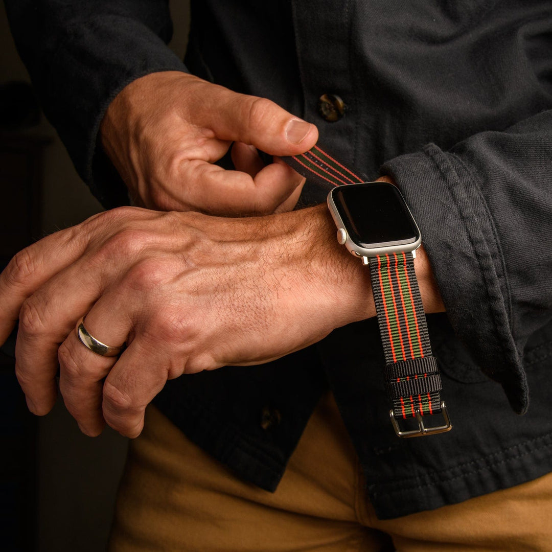 Apple Watch Nylon Watch Band - Black, Red, Green/Stainless