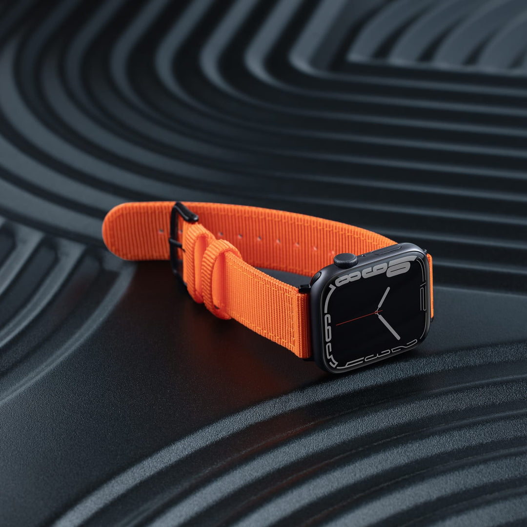 Apple Watch Nylon Watch Band in Orange/Black – lifestyle photo