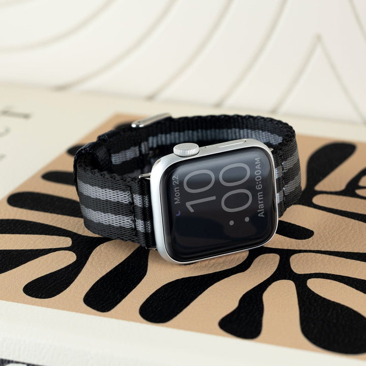 Apple Watch Seat Belt Nylon Watch Band - Black and Gray (James Bond)/Stainless