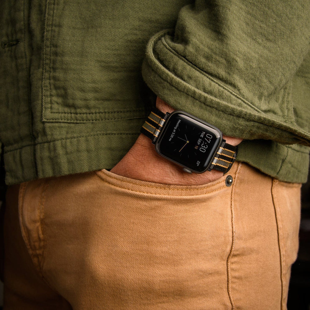 Apple Watch Nylon Watch Band - Black, Gray, Gold/Black – lifestyle photo