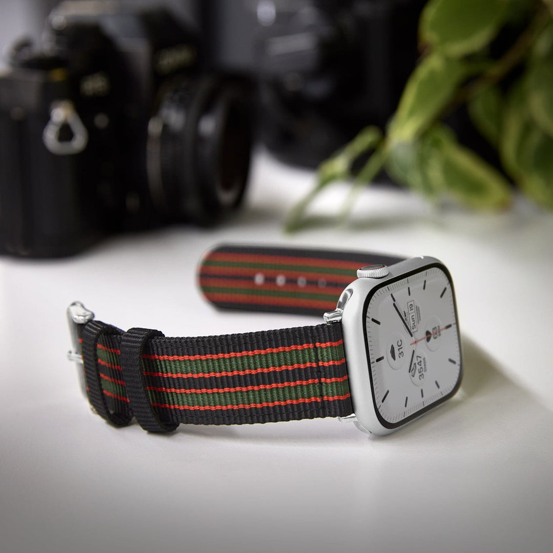 Apple Watch Nylon Watch Band - Black, Red, Green/Stainless