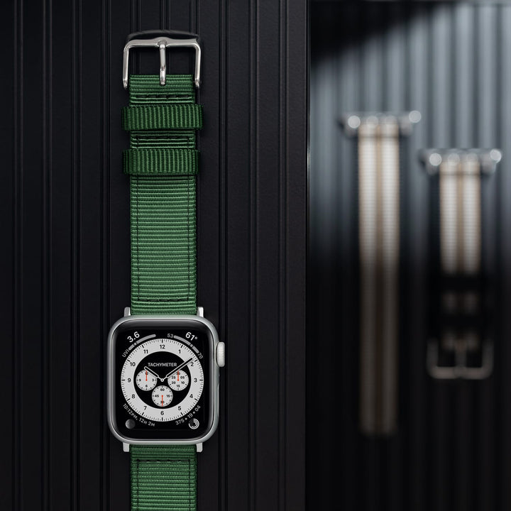 Apple Watch Nylon Watch Band in Forest Green/Stainless – lifestyle photo