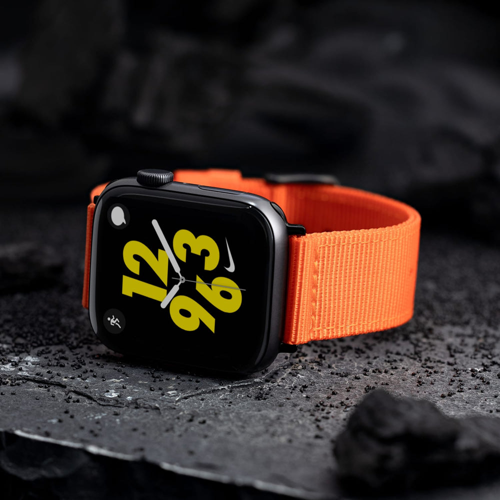 Apple Watch Nylon Watch Band in Orange/Black – lifestyle photo