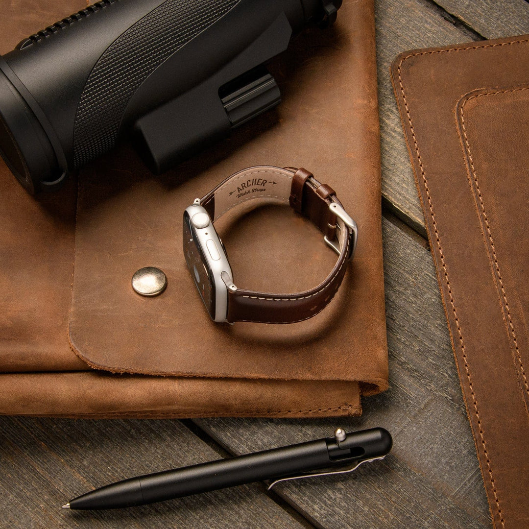 Apple Watch Leather Watch Band - Dark Chestnut/Natural/Silver Aluminum