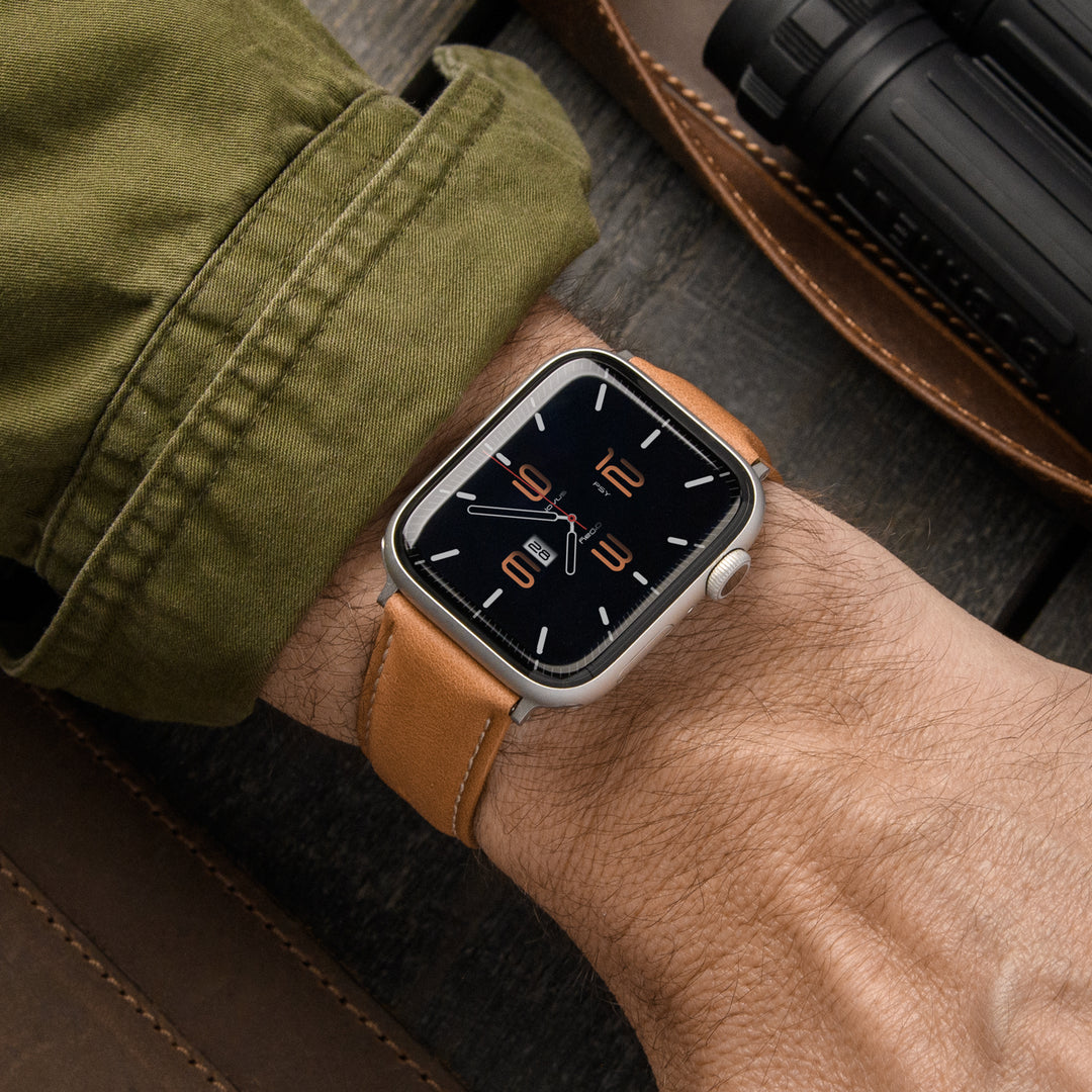 Apple Watch Leather Watch Band - Camel Tan/Natural/Silver Aluminum