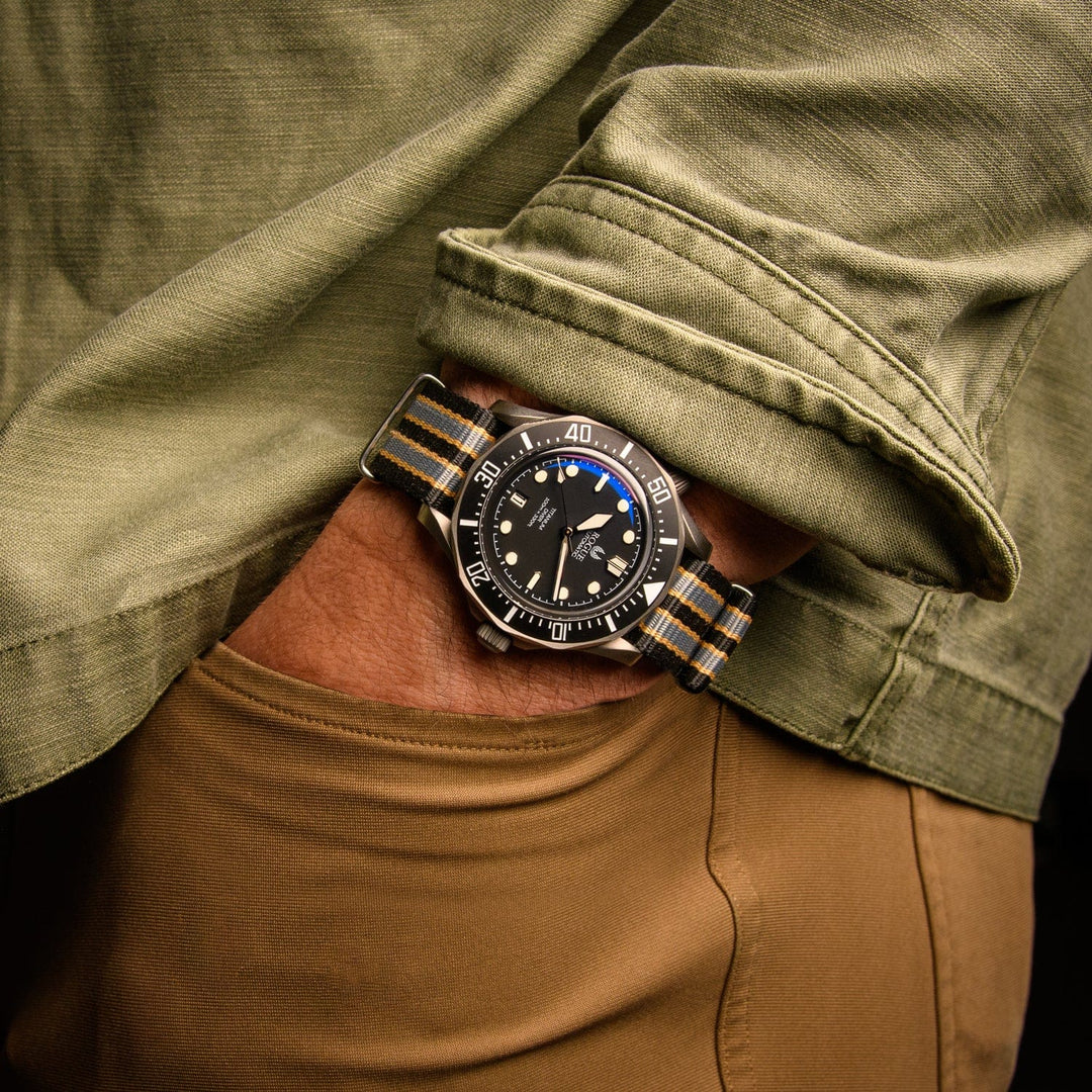 Classic Military Style Nylon Watch Band - Black/Gray/Gold