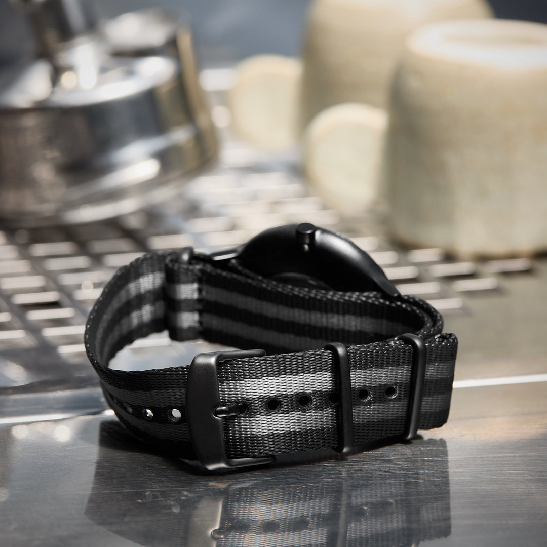 Seat Belt Nylon NATO Watch Band - Black and Gray, Black Hardware