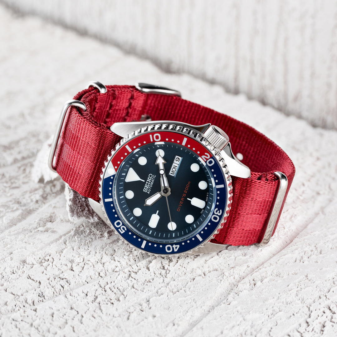 Seat Belt Nylon NATO Watch Band - Red, Stainless Hardware