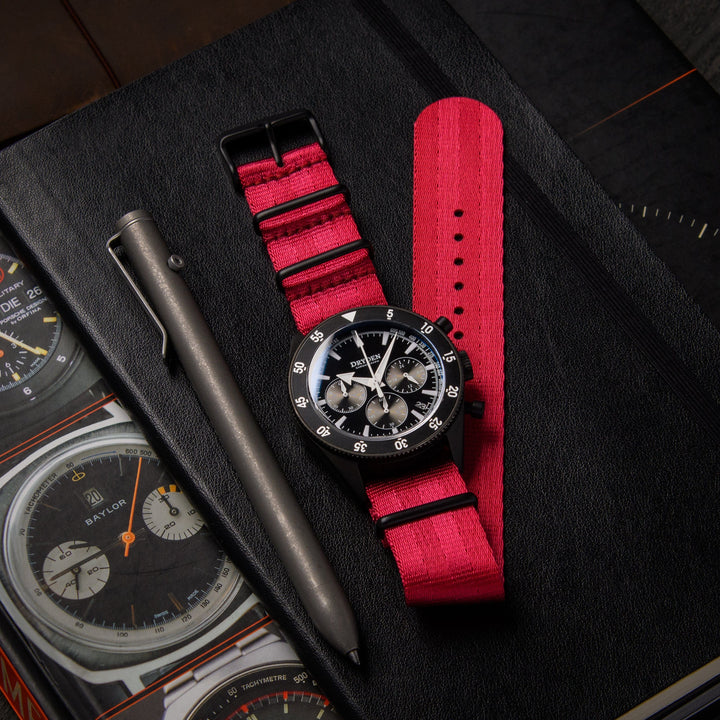 Seat Belt Nylon NATO Watch Band - Red, Black Hardware