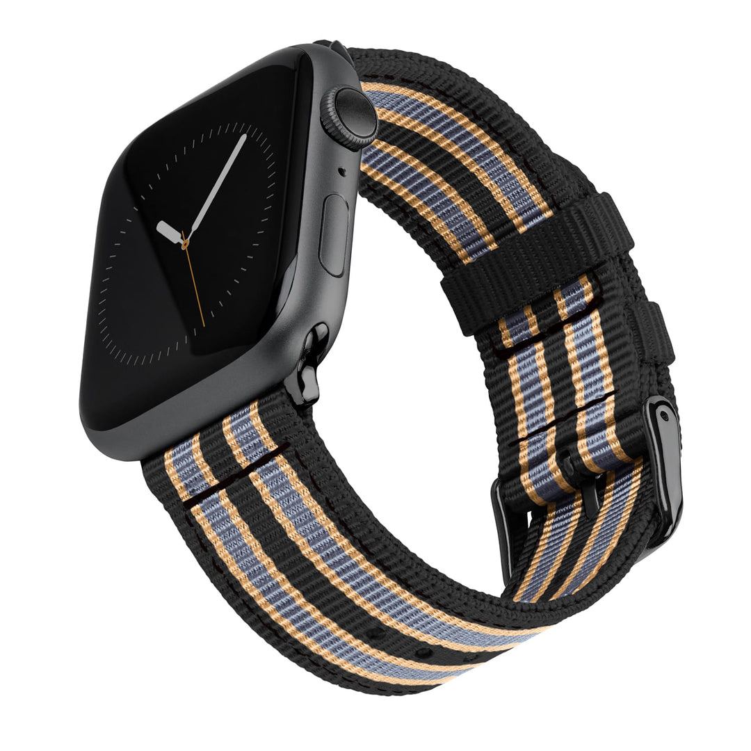 Apple Watch Nylon Watch Band in Black, Gray, Gold/Black – product shot