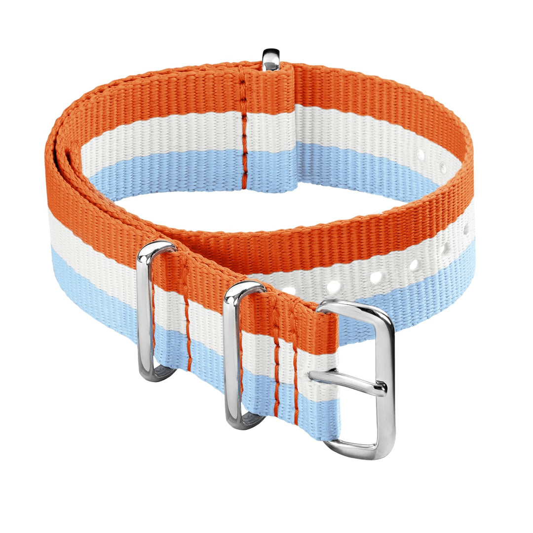 Classic Military Style Nylon Watch Band - Orange/White/Light Blue – main product photo