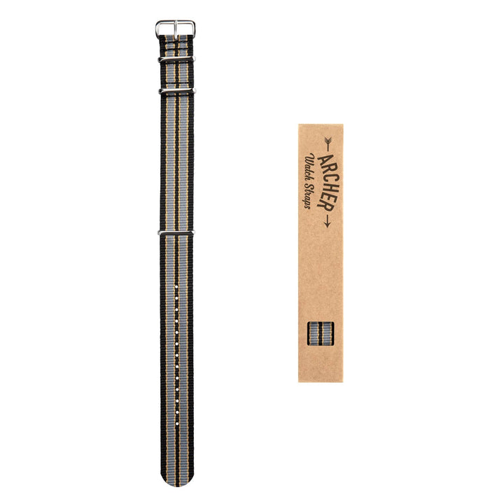 Classic Military Style Nylon Watch Band - Black/Gray/Gold – overhead flat lay