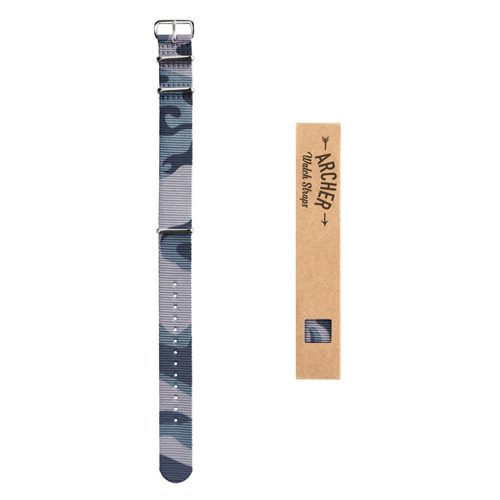 Classic Military Style Nylon Watch Band - Blue Camo – overhead flat lay