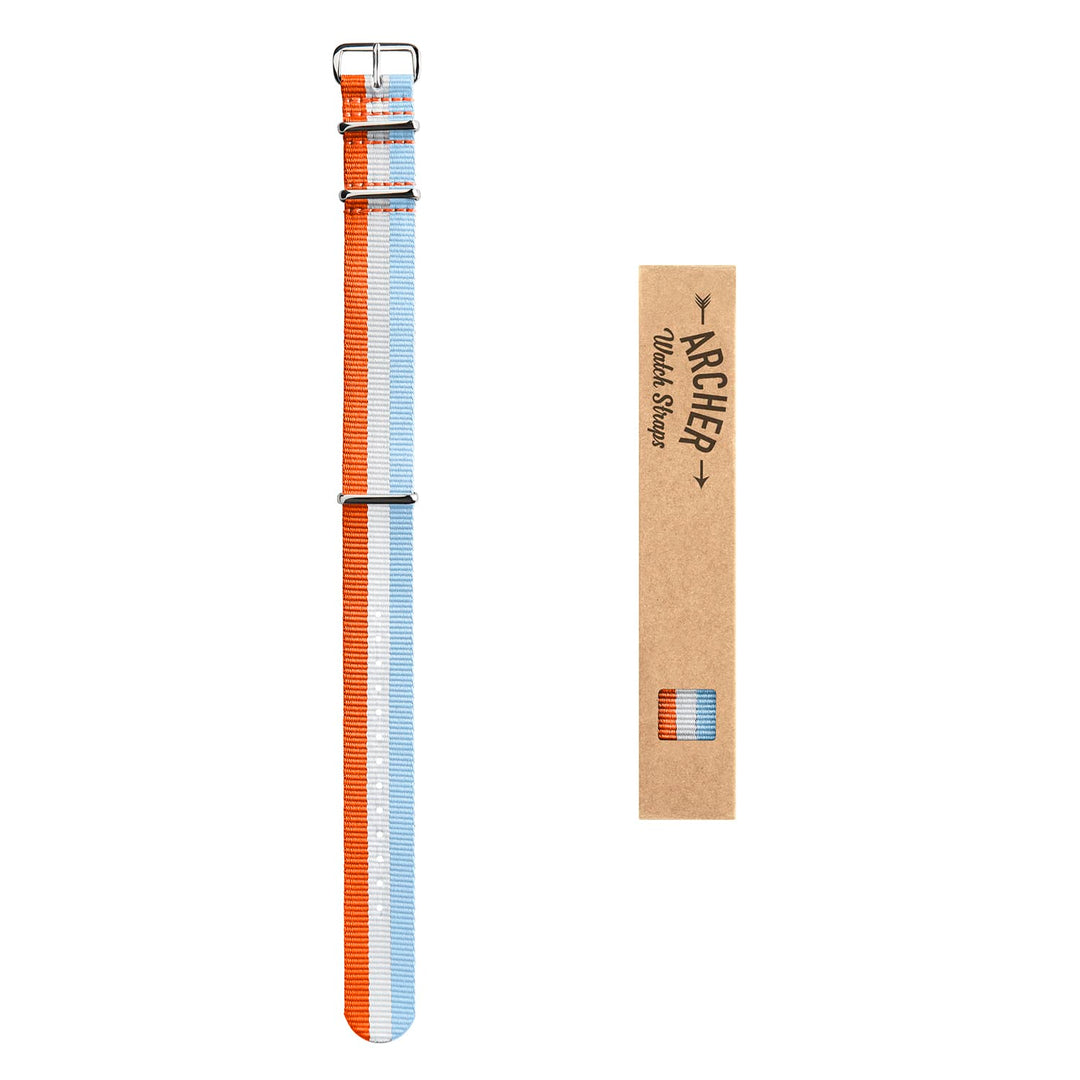 Classic Military Style Nylon Watch Band - Orange/White/Light Blue – overhead flat lay