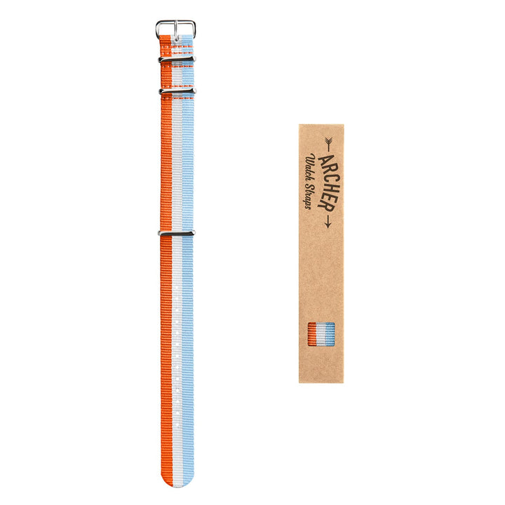 Classic Military Style Nylon Watch Band - Orange/White/Light Blue – overhead flat lay