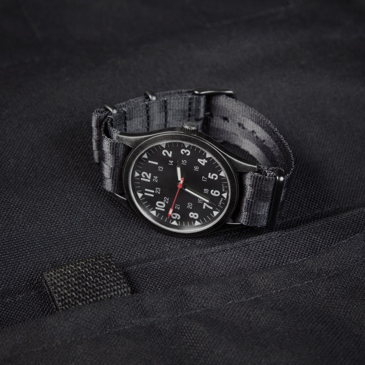 Seat Belt Nylon NATO Watch Band - Black and Gray, Black Hardware